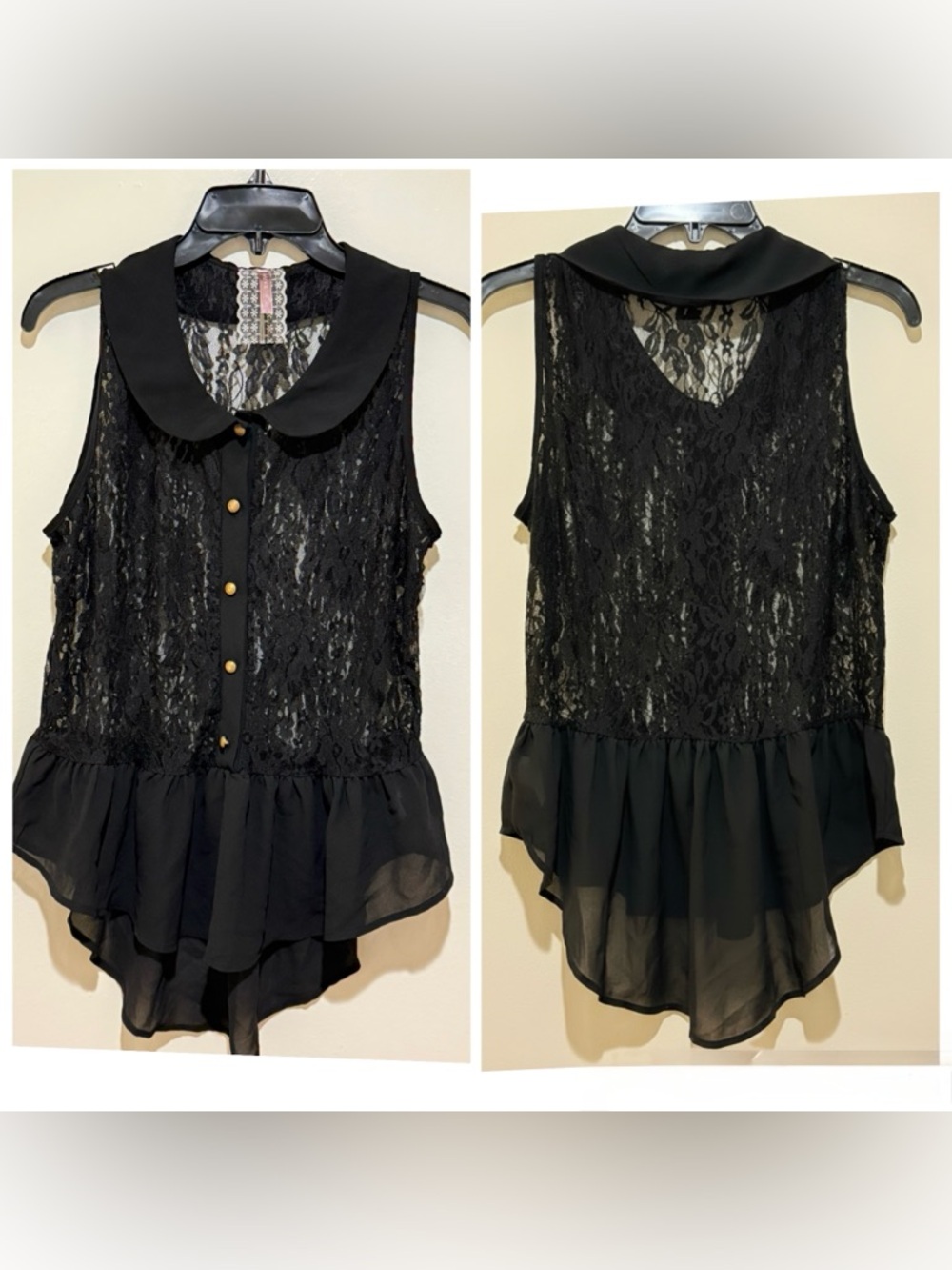 Mauve Black Lace Sleeveless Peplum Top with Peter Pan Collar
